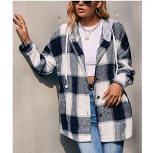 Amasoo | Navy & White Plaid Pocket Hooded Button-Up Shacket Women Size M # Z776